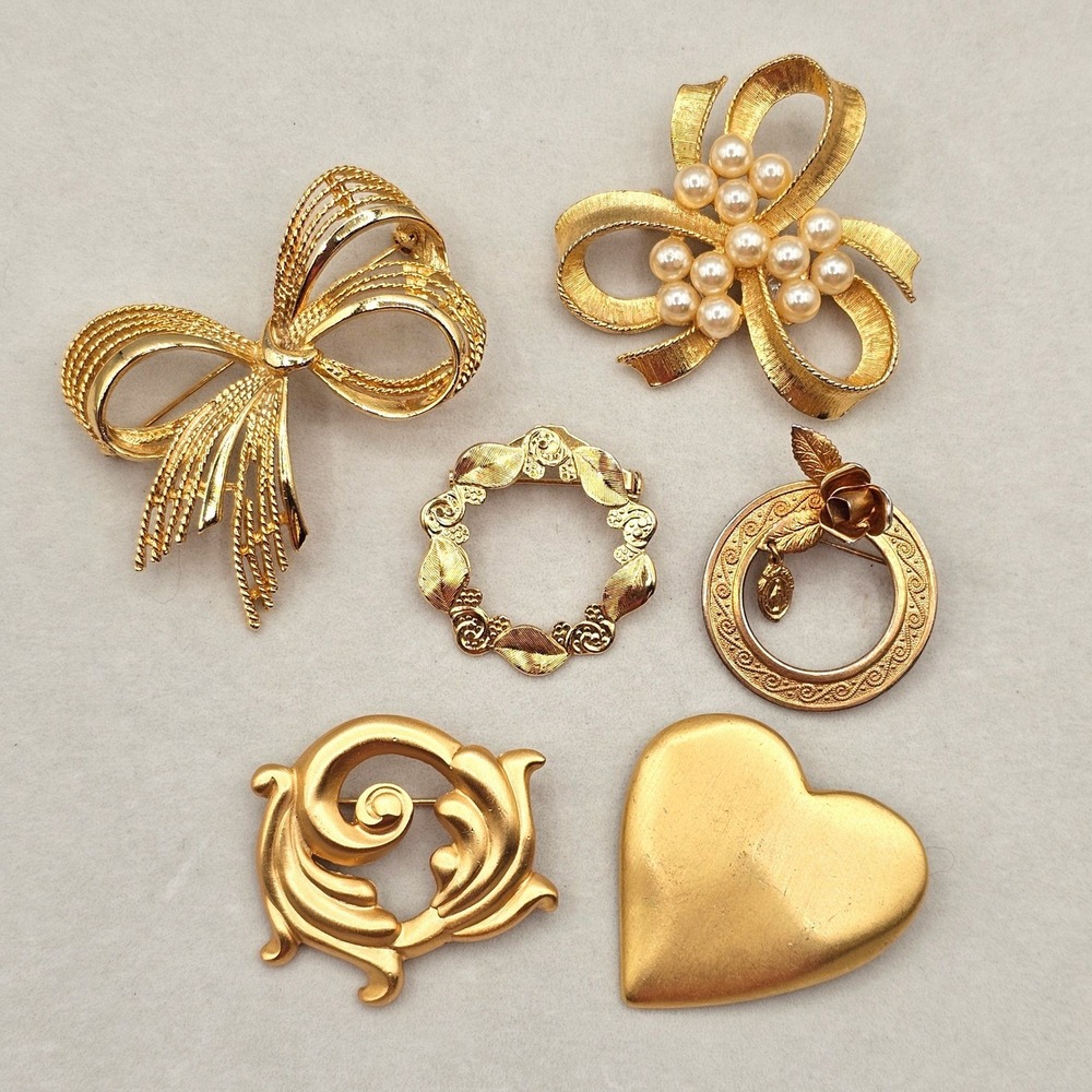 Vintage Brooch Pin Lot 6pc Gold Tone Heart Bow Faux Pearl Floral Classic